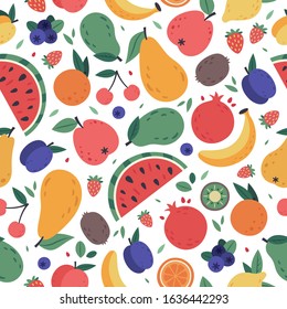 Fruits seamless pattern. Hand drawn doodle fruits, berries wrapping paper, vegan fabric or vegetarian meal menu, watermelon, mango, banana and strawberry vector background. tropical juice products