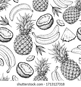 Frutas sin fisuras. Ilustración de frutas tropicales vectoriales dibujada a mano. Fruta de estilo grabado. Pancarta de comida retro.