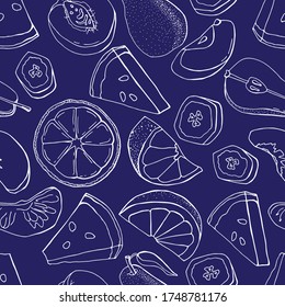 Fruits seamless pattern. Hand drawn fruit and sliced pieces. Orange, watermelon, banana, pear, peach, apple. Vector fruit design for label, fabric, packaging.