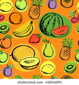 Fruits seamless pattern. Hand drawn bright vegetarian food