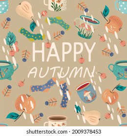 
Fruits seamless pattern, household items. Pattern for fabric leaves, apple, pear, socks, cups. Vector illustration.