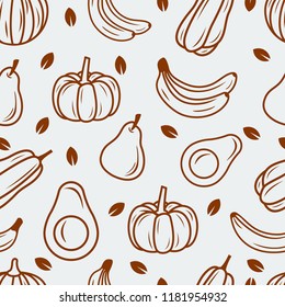 fruits seamless pattern line art vector illustration with banana, avocado, pears and pumpkin
