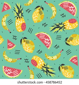 Fruits seamless pattern in Memphis style. Background  pattern with pineapple, lemon, watermelon, banana. Vector illustration