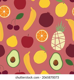 Fruits seamless pattern modern illustration. Lemon, orange, avocado, banana, pomegranate, pineapple, pear, apple fruits.
