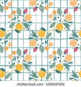 Fruits seamless pattern on stripe background. Funny sweet garden fruits on white background. Cherry berries, apples,  strawberry  and leaves hand drawn wallpaper. Vector illustration.