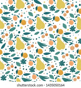 Fruits seamless pattern on white background. Cherry berries, apples, pears and leaves hand drawn wallpaper. Funny sweet garden fruits. Vector illustration.