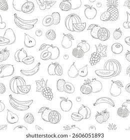 Fruits seamless pattern on white background. Hand drawn illustration in doodle style.