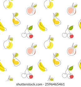 Fruits seamless pattern in one continuous line drawing style with colored spots. Summer fruits vector seamless pattern with banana, lemon, peach, pear, cherries. Perfect for clothing, textile etc