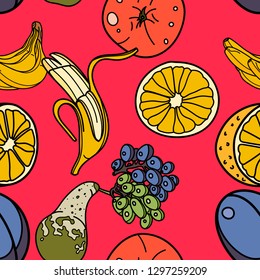 Fruits seamless pattern with orange, banana, apple, pear, grape,plum on pink background. Vector illustration for ads, menu and web banner designs. Organic and healthy food concept.