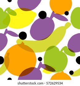 Fruits seamless pattern. Orange, plum, banana, lemon, apple. Concept  for restaurant menu backdrop,  smoothies  bar, eco market. 