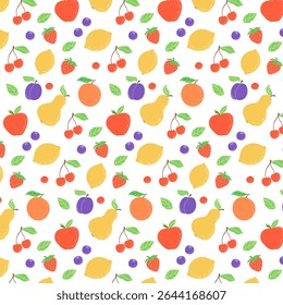 Fruits Seamless Pattern. Pear, Plum, Cherry, Lemon,, leaves. Vector Illustrations. Fruits Background