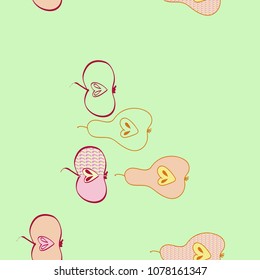 Fruits  seamless   pattern, pears, apples, hand drawn, grain, scribbles, doodles .