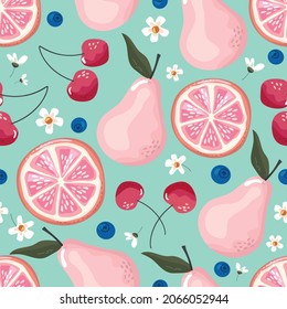 Fruits seamless pattern. Pears, cherry, grapefruit, and blossom. Romantic bright background for textile, fabric, decorative paper. Cartoon vector illustration