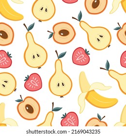 Fruits Seamless Pattern With Pears, Peaches, Strawberries, Bananas, Sliced Fruits Background. Vector Textile Design For Wrapping, Fabric, Wallpapers, Cards. Bright Summer Food Motif