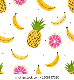 Fruits seamless pattern for print, textile, fabric. Ananas and bananas background.