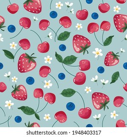 Patrón de frutas sin fisuras. Fresa, cereza y flor. Antecedentes románticos vintage para textil, tela, papel decorativo. Ilustración del vector