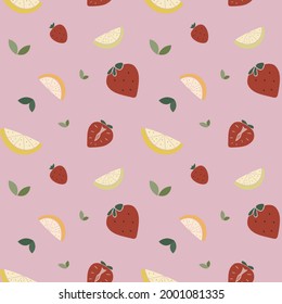 Fruits Seamless pattern. Trendy summer print with Strawberry, orange, lemon in flat style. 