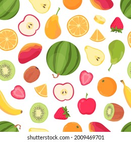 Fruits seamless pattern. Tropical citrus fruit and berry, banana, orange, watermelon, mango and strawberry. Summer tropic food vector print. Pattern seamless, fresh citrus and lemon illustration