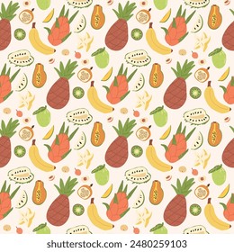 Fruits seamless pattern. Tropical pineapple, papaya, dragonfruits and bananas with carambola, repeat cover. Exotic sweet cut and whole fruit endless background. Vector hand drawn flat illustration.