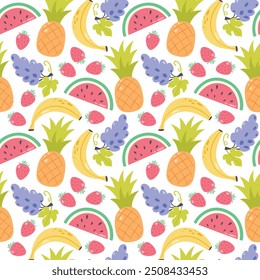 Frutas padrão sem emenda. Várias frutas sobre fundo branco. Fundo de verão brilhante. Ilustração de vetor de alimentos frescos