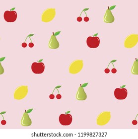 Fruits seamless pattern. Vector flat Illustrations of pears, apples, cherries, lemon on a pink background. 