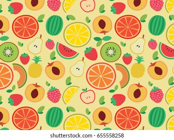 Fruits seamless pattern. Vector flat Illustrations of watermelon, banana, cherry, apple, strawberries, raspberries, blackberries, orange, kiwi fruit, pear for web, print and textile