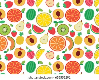 Fruits seamless pattern. Vector flat Illustrations of watermelon, banana, cherry, apple, strawberries, raspberries, blackberries, orange, kiwi fruit, pear for web, print and textile