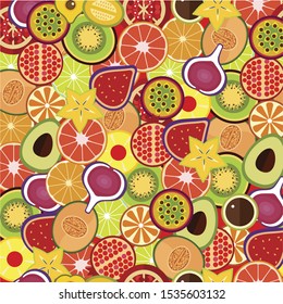 Fruits seamless pattern vector. Fresh tropical fruit mix illustration. Paradise background.
