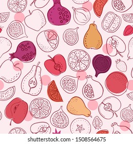 Fruits seamless pattern, vector wallpaper, colourful kitchen textile print