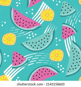 Fruits seamless pattern watermelonslice and citron on turquoise backgound. Good for textile print, poster, label, wrapping and wall paper.