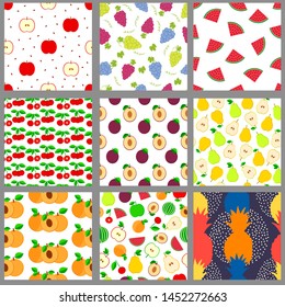 Fruits seamless patterns. Colorful backgrounds set. Vector illustration