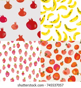 Fruits seamless patterns set with banana, strawberries, apples and pomegranate.