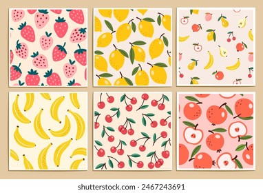 Fruits seamless patterns set. Vector flat illustrations of fruits and berries.