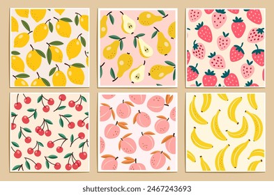 Fruits seamless patterns set. Vector flat illustrations of fruits and berries