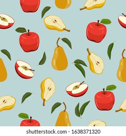 Fruits. Seamless set of vector illustration. Fresh pear, apple on a blue background. For textile design, print, wallpaper.
