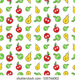 Fruits Seamless Vector Background with Funny Apples and Pears