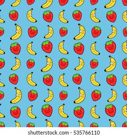 Fruits Seamless Vector Background with Funny Bananas and Strawberries
