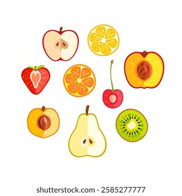 Fruits in Section, Juicy and Fresh - Apple, Pear, Cherry, Kiwi, Peach, Strawberry, Apricot, Orange, Mandarin. Modern flat style