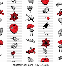 Fruits, seeds and berries seamless pattern on a white background