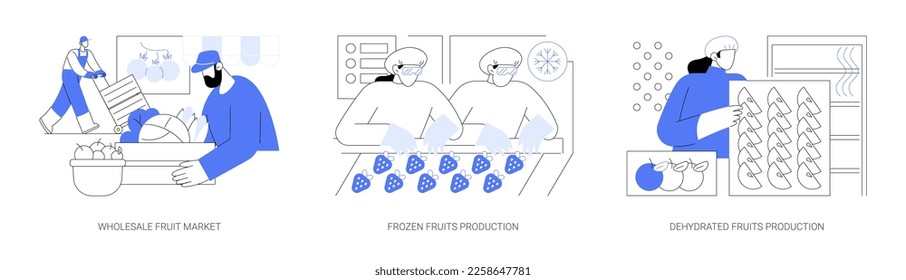 Fruits selling and processing abstract concept vector illustration set. Wholesale fruit market, frozen berries production, dehydrated products, agriculture and farming products abstract metaphor.