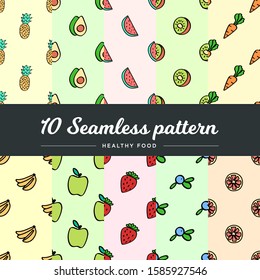 Fruits. Set of 10 seamless pattern with fruit icons. Vector