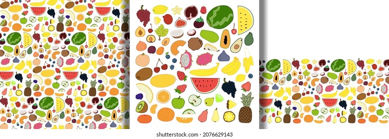 Fruits set amd seamless pattern and border