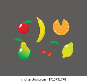 Fruits set apple bananna lemon cherry