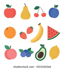 Fruits set. Apple, pear, cherry, plum, orange, strawberry, banana, watermelon, peach, blueberry, avocado, lemon. 