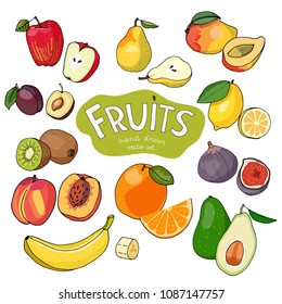 Fruits set - apple, pear, mango, plum, lemon, kiwi, peach, orange, fig, banana, avocado. Hand drawn vector illustrations of fruits isolated.