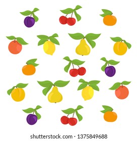 Fruits set background. Apple, peach and lemon mandarin pear. Cherry and plum. Vector illustration. Multicolored with leaves.