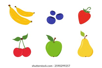 fruits set. bananas, blueberries, strawberry, cherries, apple, pear, flat style