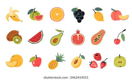 Fruits set in cartoon style. Healthy eating, fresh food, Natural tropical fruit. Trendy modern vector illustration isolated on white background, hand drawn, flat design