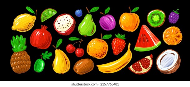 Fruits set in cartoon style. Organic farm food concept. Colorful vector illustration