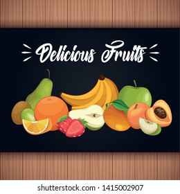 Fruits set of cartoons over wooden background, healthy and fresh food card banner and flyer vector illustration graphic design